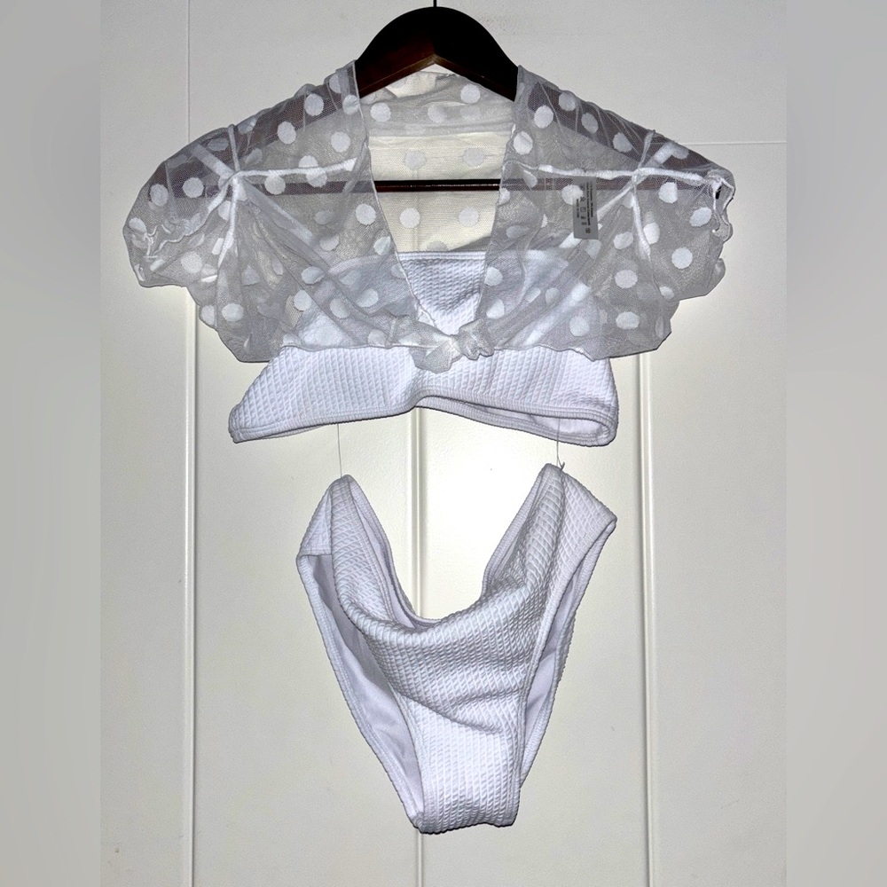 PrettyLittle Thing Bikini Swimsuit With Dobby Chiffon Tie Front Cover Up Size S